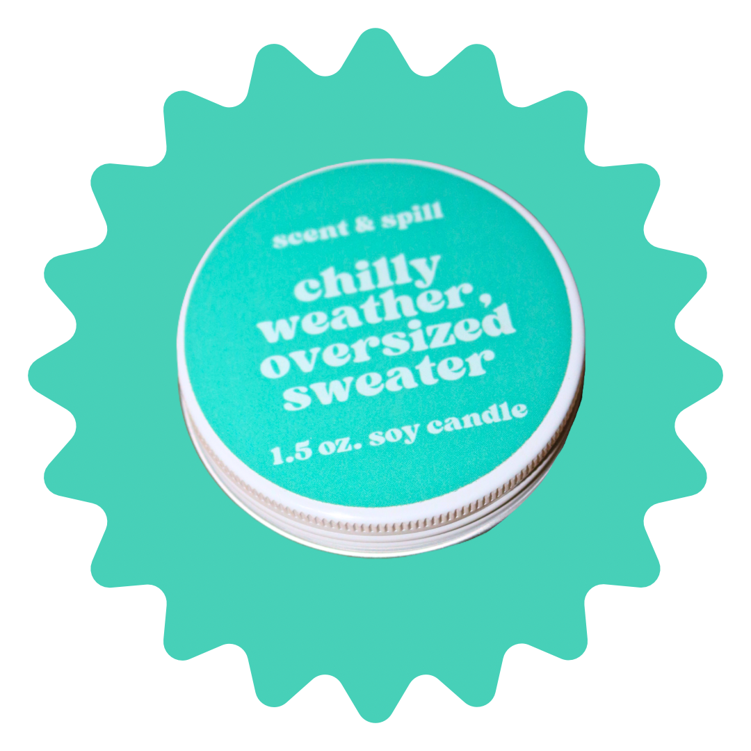 chilly weather, oversized sweater - mini candle tin